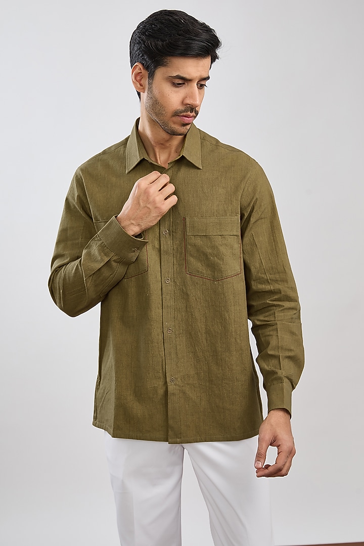 Olive Green Cotton Flex Summer Shirt by Ritambh at Pernia's Pop Up Shop
