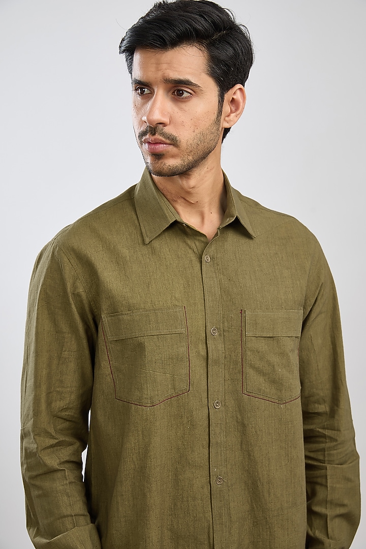 Olive Green Cotton Flex Summer Shirt by Ritambh at Pernia's Pop Up Shop