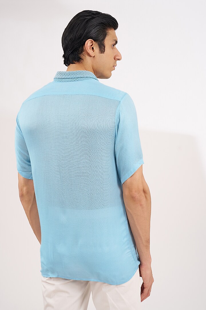 Blue Rayon Moss Crepe Crochet Embroidered Party Wear Shirt by Ritambh at Pernia's Pop Up Shop
