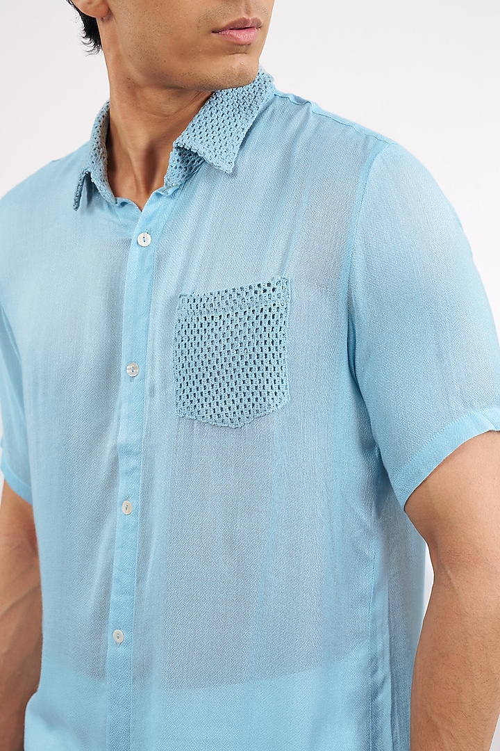 Blue Rayon Moss Crepe Crochet Embroidered Party Wear Shirt by Ritambh at Pernia's Pop Up Shop