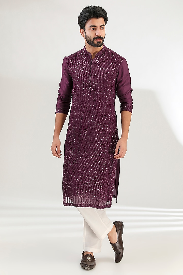 Wine Upada Silk Sequins Work Kurta by Ritambh