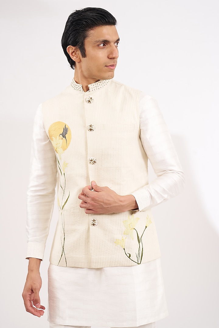 White Cotton Hand-Painted & Zari Embroidered Nehru Jacket by Ritambh