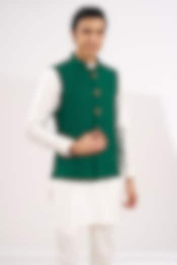 Green Khadi Cotton Dhaga Embroidered Nehru Jacket by Ritambh