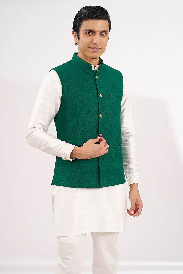 Green Khadi Cotton Dhaga Embroidered Nehru Jacket by Ritambh