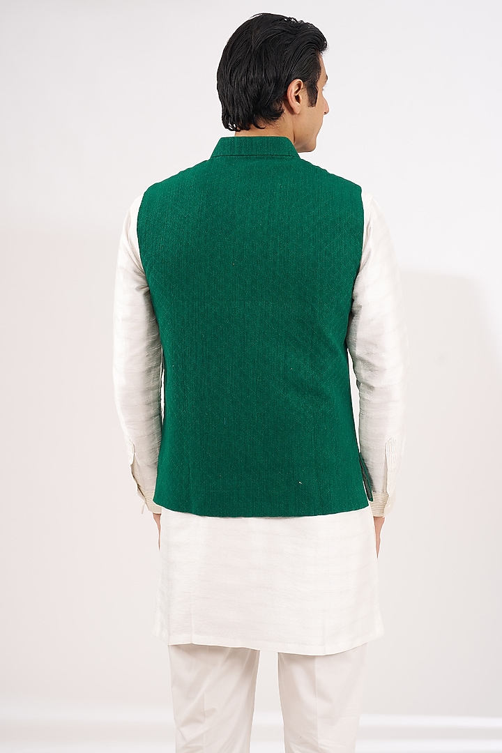 Green Khadi Cotton Dhaga Embroidered Nehru Jacket by Ritambh at Pernia's Pop Up Shop