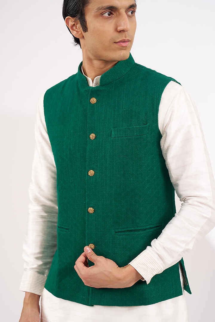 Green Khadi Cotton Dhaga Embroidered Nehru Jacket by Ritambh at Pernia's Pop Up Shop