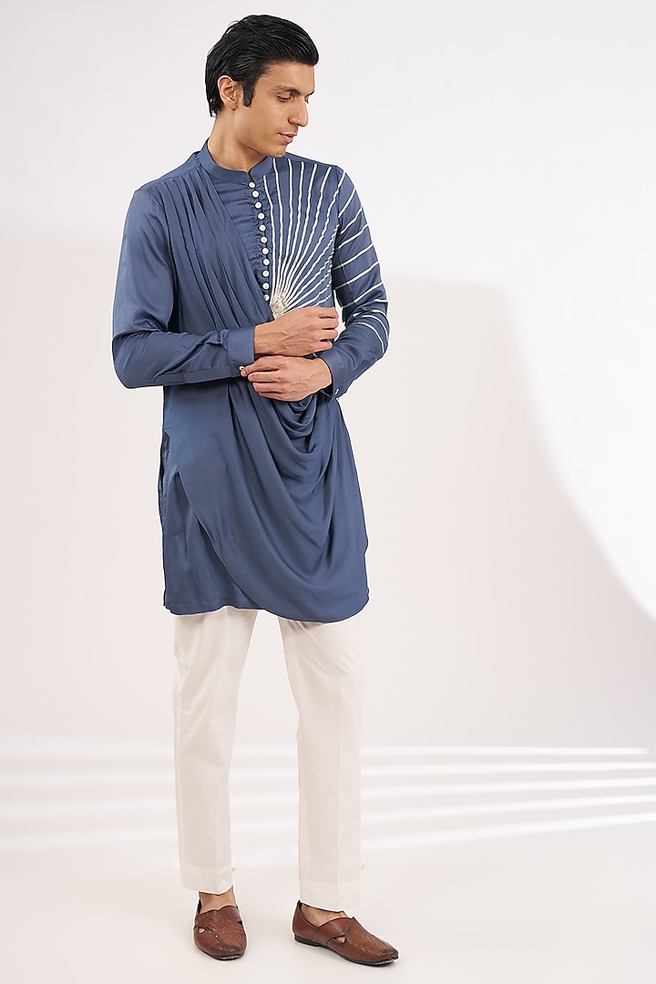 Midnight Blue Modal Cotton Gota Embroidered Pleated Draped Kurta by Ritambh