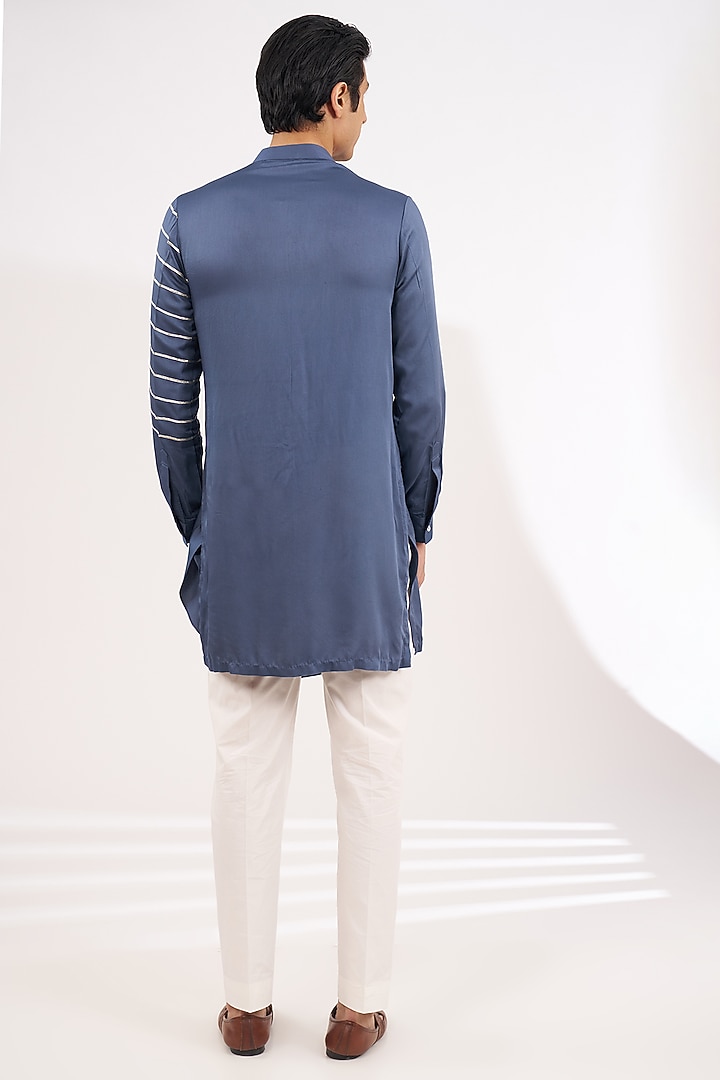 Midnight Blue Modal Cotton Gota Embroidered Pleated Draped Kurta by Ritambh at Pernia's Pop Up Shop