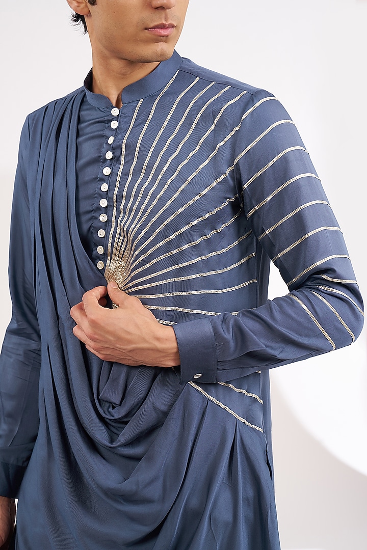 Midnight Blue Modal Cotton Gota Embroidered Pleated Draped Kurta by Ritambh at Pernia's Pop Up Shop