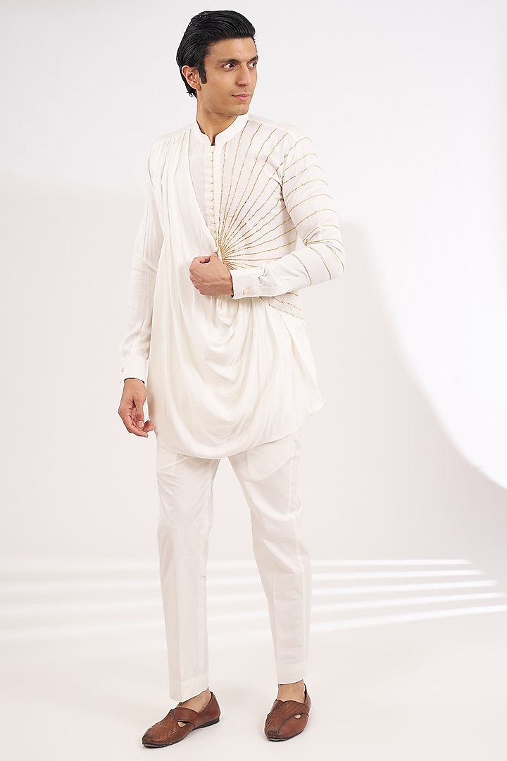 White Modal Cotton Gota Embroidered Pleated Draped Kurta by Ritambh at Pernia's Pop Up Shop