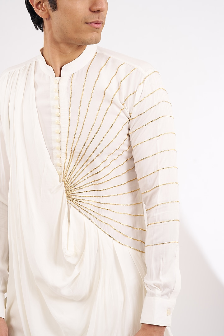 White Modal Cotton Gota Embroidered Pleated Draped Kurta by Ritambh at Pernia's Pop Up Shop