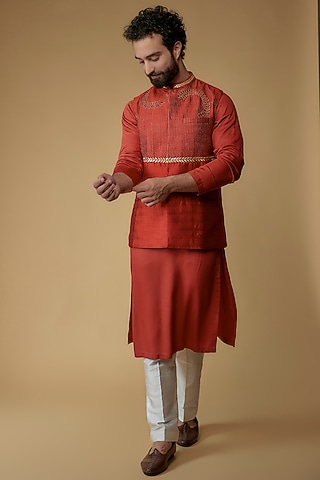 Crimson Red Silk Dupion Zari Embroidered Nehru Jacket With Kurta by Ritambh