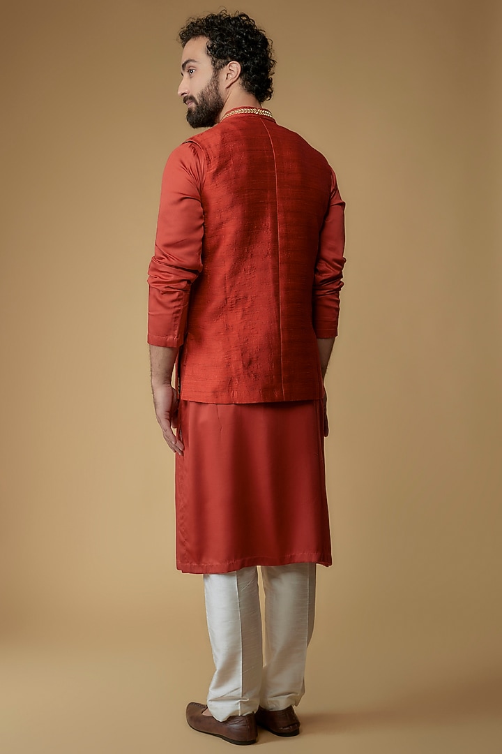 Crimson Red Silk Dupion Zari Embroidered Nehru Jacket With Kurta by Ritambh at Pernia's Pop Up Shop