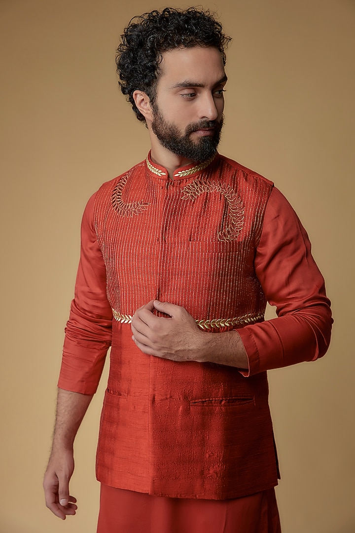Crimson Red Silk Dupion Zari Embroidered Nehru Jacket With Kurta by Ritambh at Pernia's Pop Up Shop