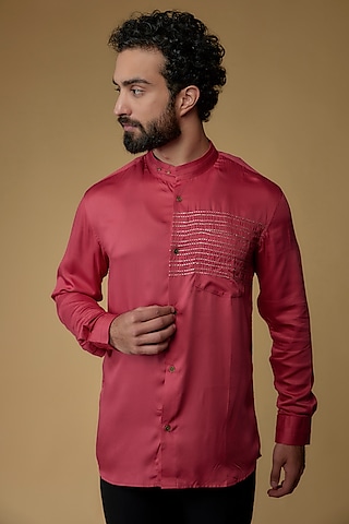 Fuchsia Pink Modal Silk Embroidered Shirt by Ritambh