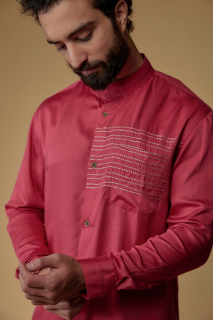 Fuchsia Pink Modal Silk Embroidered Summer Shirt by Ritambh at Pernia's Pop Up Shop