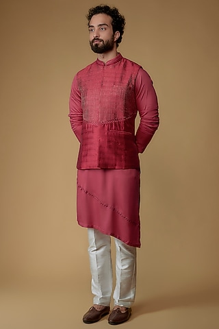 Hibiscus Pink Silk Dupion Zari Embroidered Nehru Jacket With Kurta by Ritambh