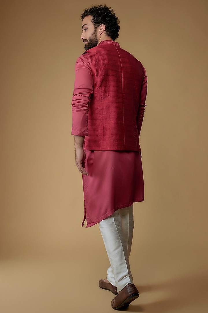 Hibiscus Pink Silk Dupion Zari Embroidered Nehru Jacket With Kurta by Ritambh at Pernia's Pop Up Shop