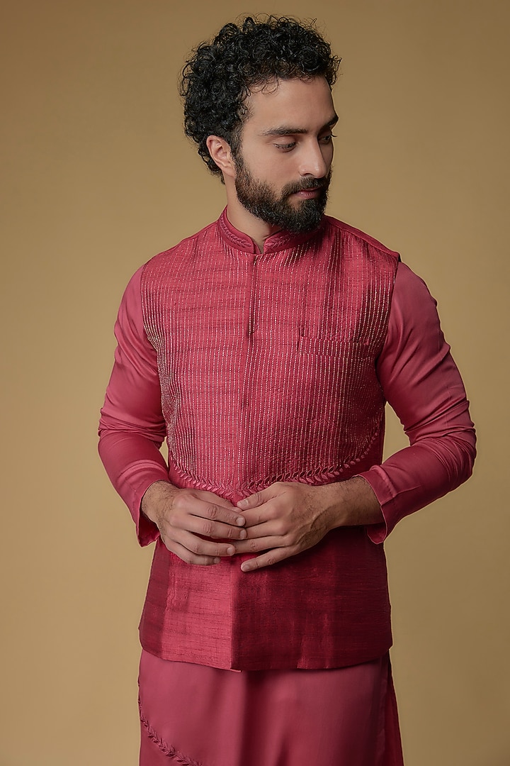 Hibiscus Pink Silk Dupion Zari Embroidered Nehru Jacket With Kurta by Ritambh at Pernia's Pop Up Shop