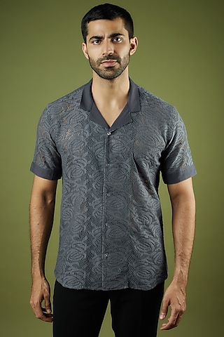 Grey Cotton Net Floral Shirt by Ritambh