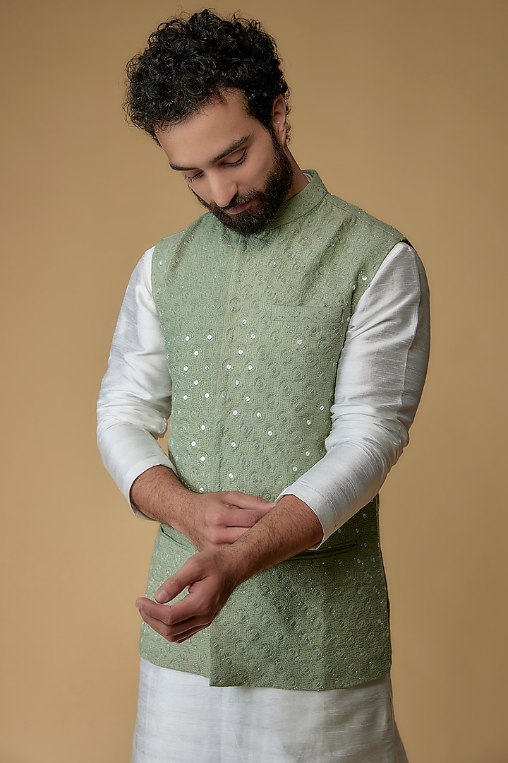 Pastel Green Self Textured Cotton Hand Embroidered Nehru Jacket by Ritambh