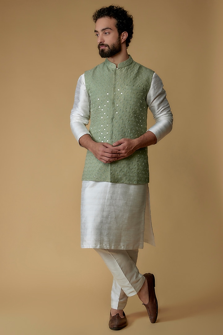Pastel Green Self Textured Cotton Hand Embroidered Nehru Jacket by Ritambh at Pernia's Pop Up Shop