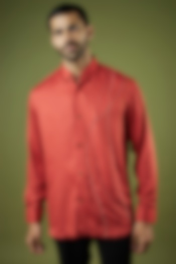 Brick Red Silk Modal Embroidered Shirt by Ritambh
