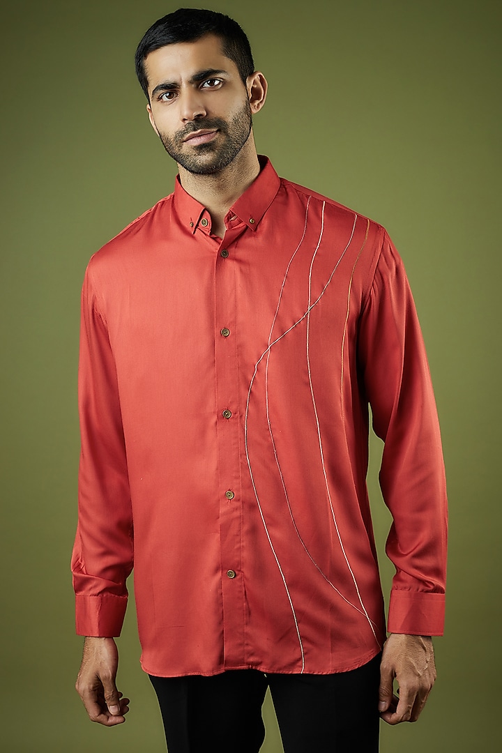 Brick Red Silk Modal Embroidered Shirt by Ritambh