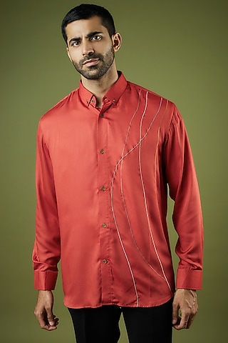 Brick Red Silk Modal Embroidered Shirt by Ritambh