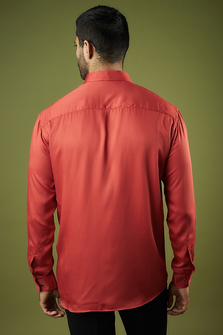Brick Red Silk Modal Embroidered Summer Shirt by Ritambh at Pernia's Pop Up Shop