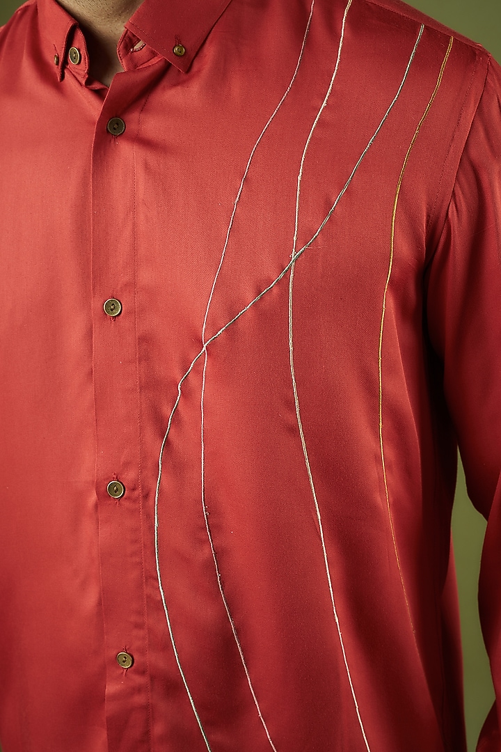 Brick Red Silk Modal Embroidered Summer Shirt by Ritambh at Pernia's Pop Up Shop