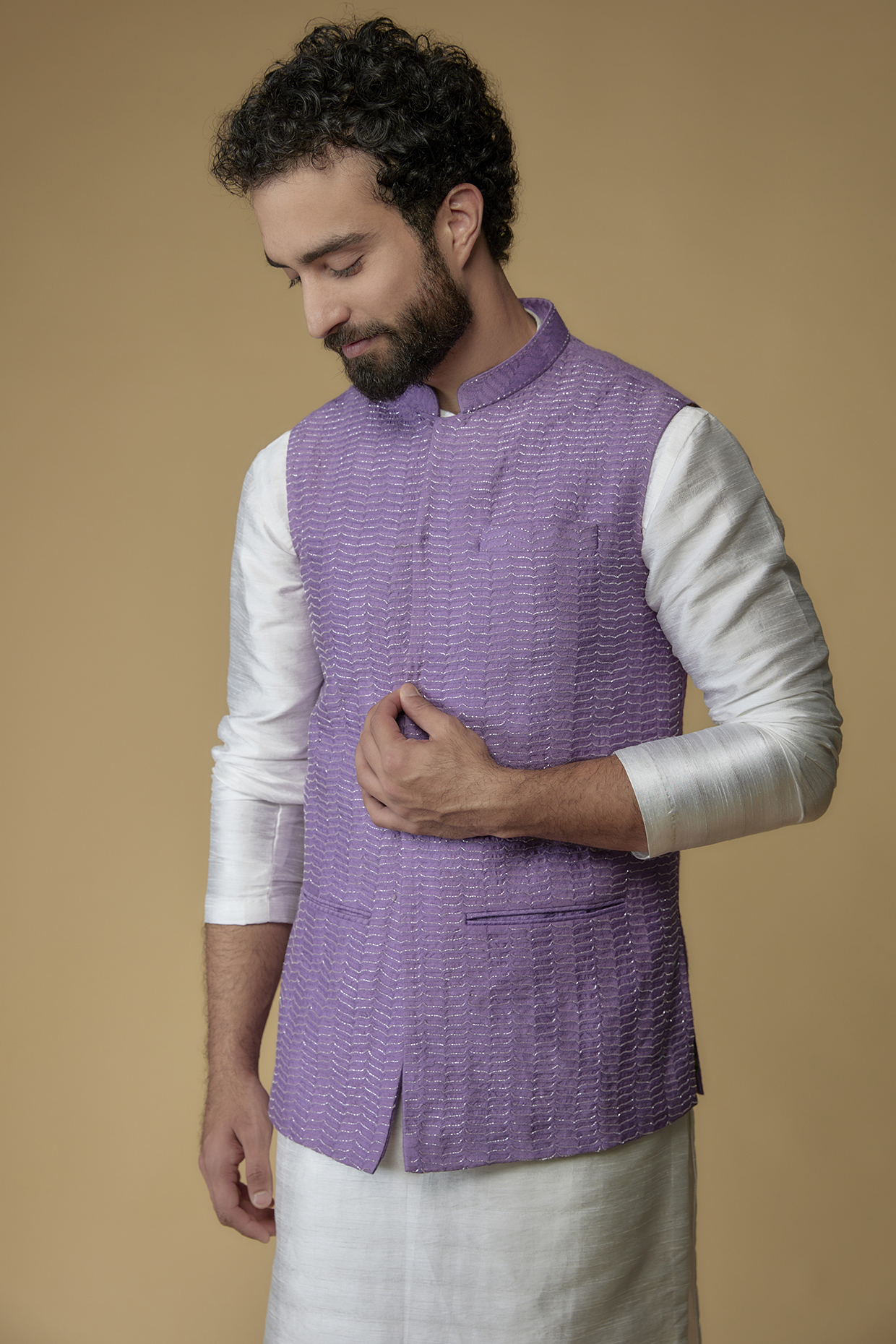Lavender Self Textured Cotton Hand Embroidered Nehru Jacket by Ritambh