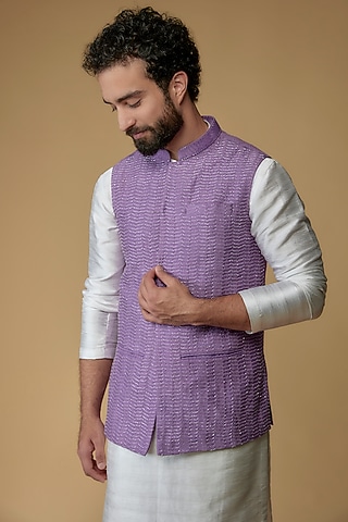 Lavender Self Textured Cotton Hand Embroidered Nehru Jacket by Ritambh