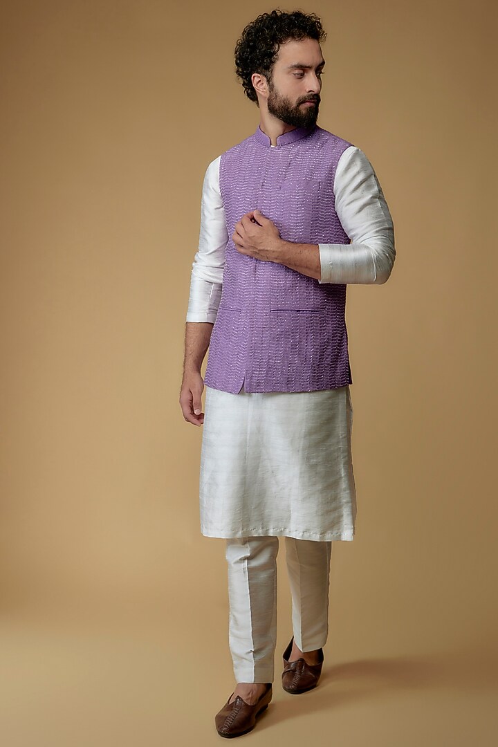 Lavender Self Textured Cotton Hand Embroidered Nehru Jacket by Ritambh at Pernia's Pop Up Shop