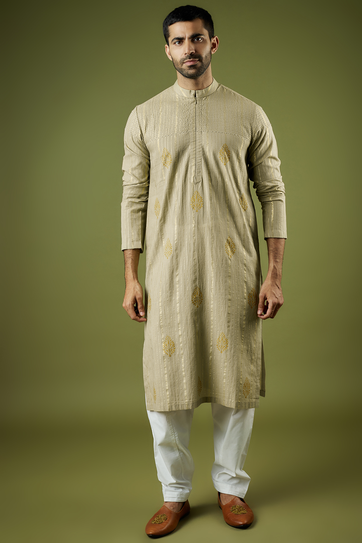Light Green Cotton Lurex Block Printed Kurta by Ritambh at Pernia's Pop Up Shop