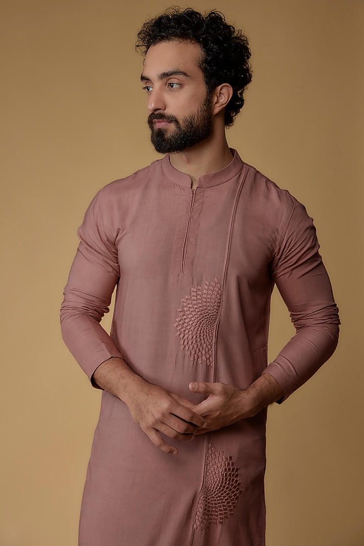Brown Rose Modal Cotton Thread Embroidered Kurta Set by Ritambh at Pernia's Pop Up Shop