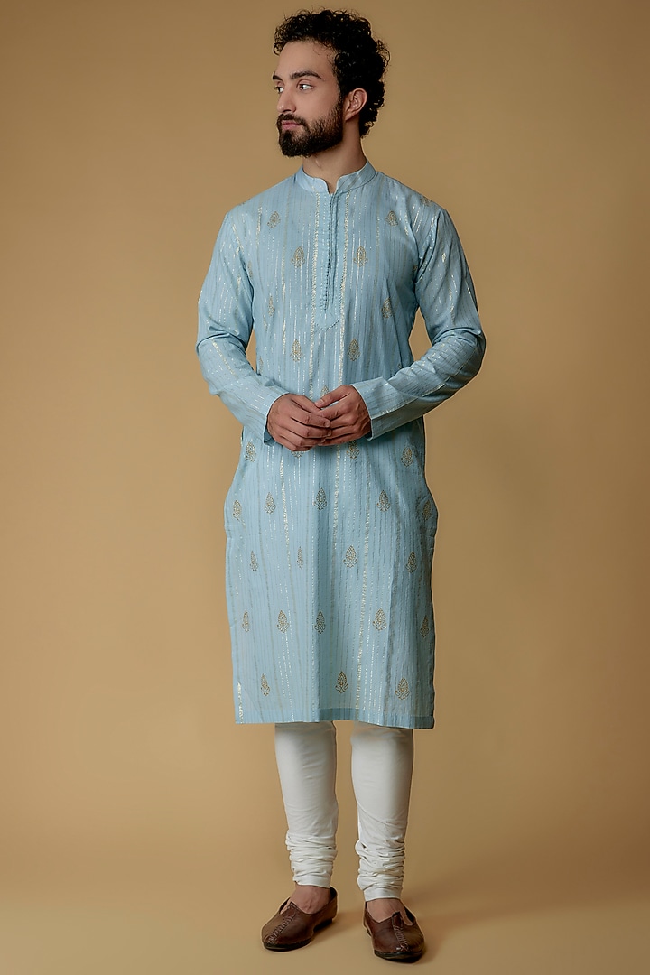 Sky Blue Cotton Lurex Printed & Embellished Kurta by Ritambh at Pernia's Pop Up Shop