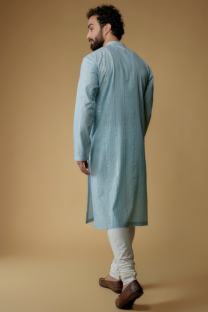 Sky Blue Cotton Lurex Printed & Embellished Kurta by Ritambh at Pernia's Pop Up Shop