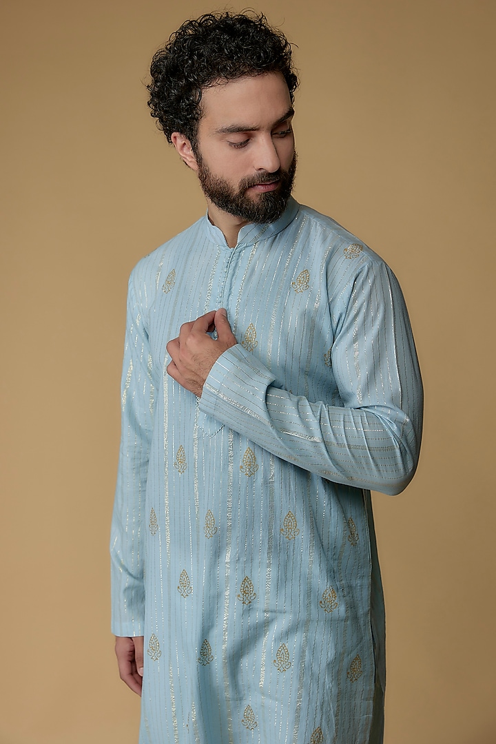 Sky Blue Cotton Lurex Printed & Embellished Kurta by Ritambh at Pernia's Pop Up Shop