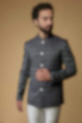 Prussian Blue Self Textured Cotton Bandhgala Jacket by Ritambh at Pernia's Pop Up Shop