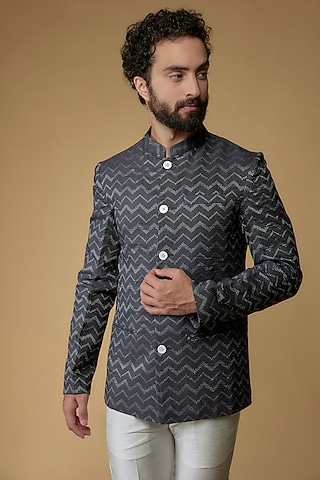 Prussian Blue Self Textured Cotton Bandhgala Jacket by Ritambh