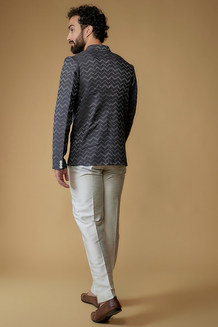 Prussian Blue Self Textured Cotton Bandhgala Jacket by Ritambh at Pernia's Pop Up Shop