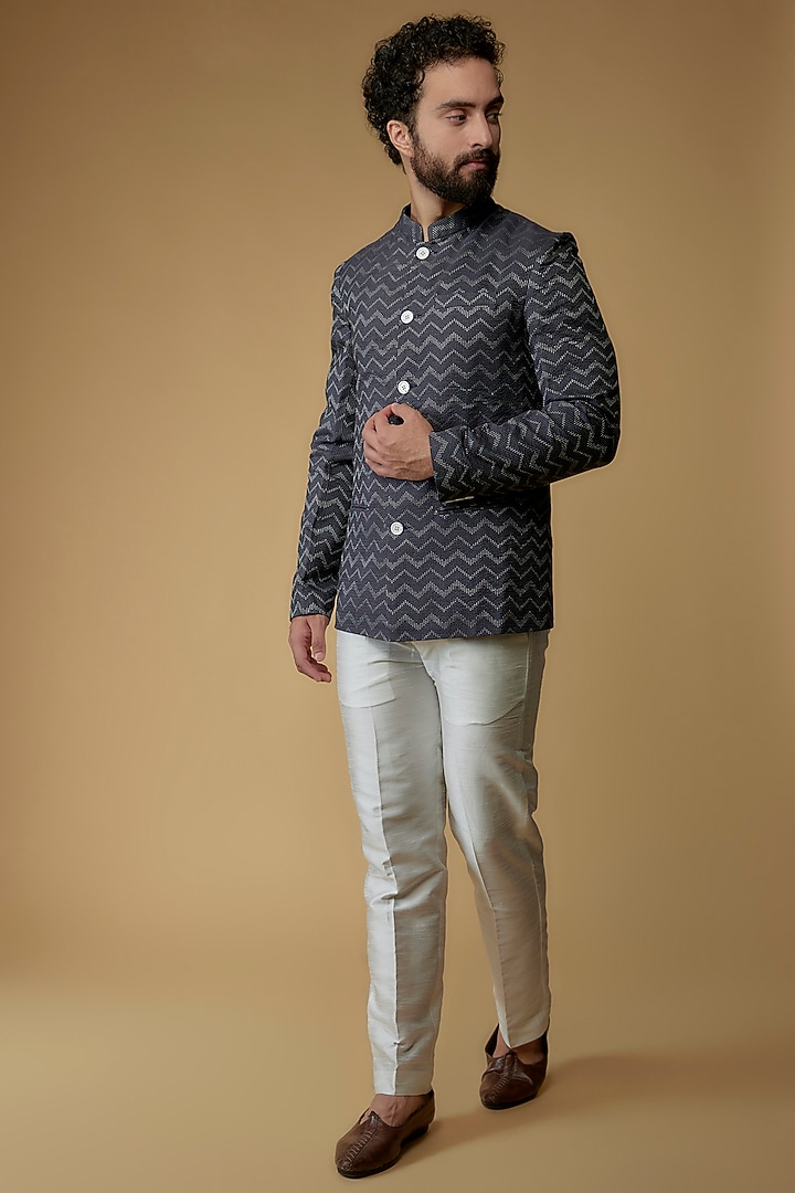 Prussian Blue Self Textured Cotton Bandhgala Jacket by Ritambh at Pernia's Pop Up Shop