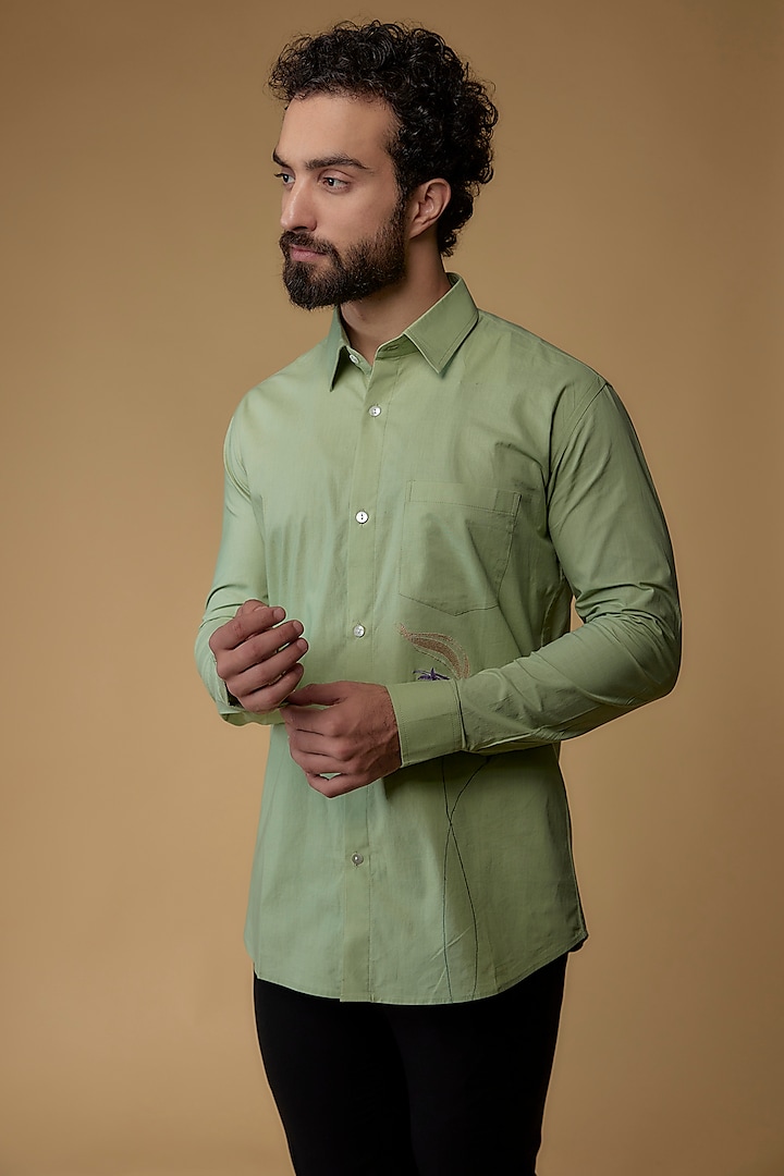 Pastel Mint Green Modal Cotton Embroidered Shirt by Ritambh