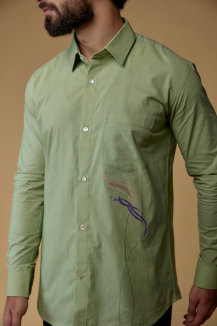 Pastel Mint Green Modal Cotton Embroidered Party Wear Shirt by Ritambh at Pernia's Pop Up Shop