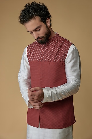 Brick Red Self Textured Cotton Hand Embroidered Nehru Jacket by Ritambh