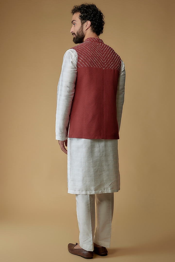 Brick Red Self Textured Cotton Hand Embroidered Nehru Jacket by Ritambh at Pernia's Pop Up Shop