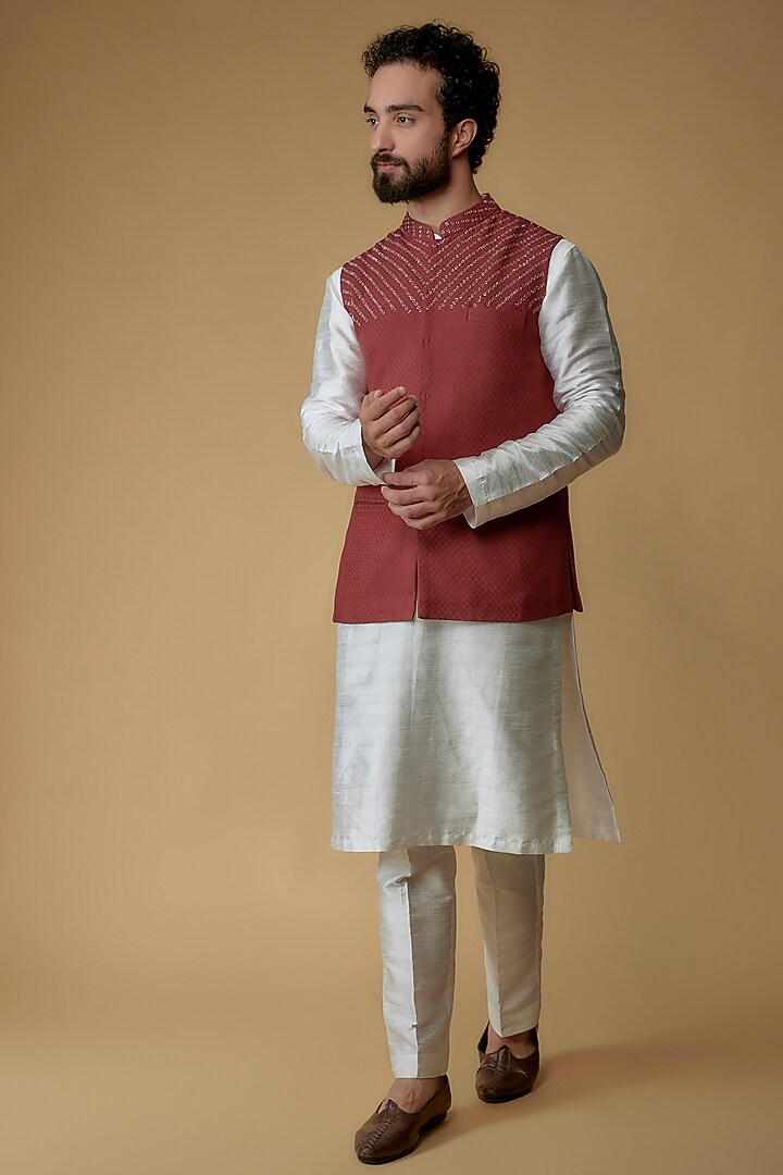 Brick Red Self Textured Cotton Hand Embroidered Nehru Jacket by Ritambh at Pernia's Pop Up Shop