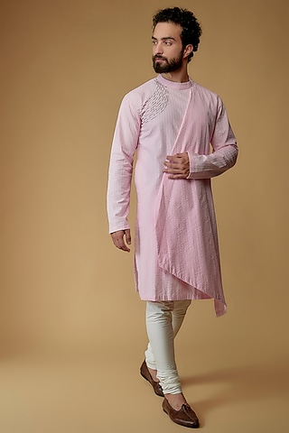 Light Pink Self Textured Cotton Hand Embroidered Draped Kurta by Ritambh