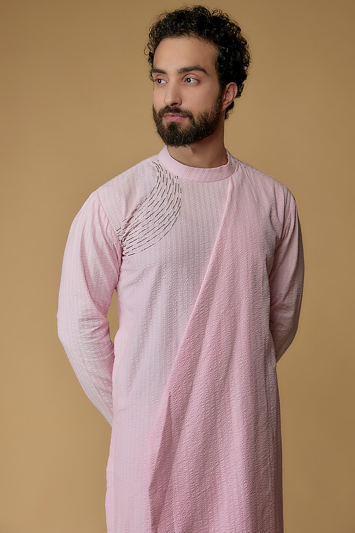 Light Pink Self Textured Cotton Hand Embroidered Draped Kurta by Ritambh at Pernia's Pop Up Shop